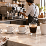 Espresso, macchiato, cappuccino, americano i lungo poredani po veličini šalice na šanku kafića