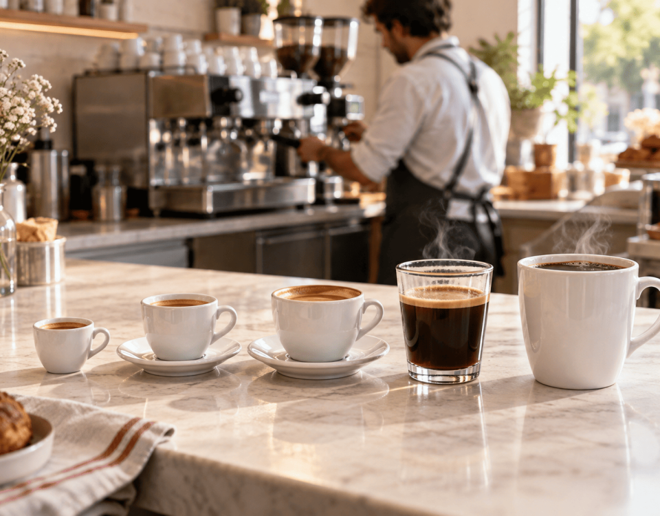 Espresso, macchiato, cappuccino, americano i lungo poredani po veličini šalice na šanku kafića