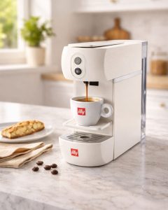 Illy aparat za kapsule bijele boje priprema espresso kavu, idealan poklon za ljubitelje kave.