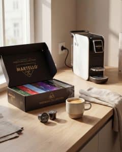 Martello Café Premium Collection degustacijski set od 80 kapsula za kavu uz aparat za kapsule i espresso šalicu.