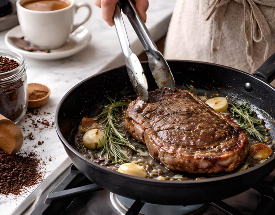 Pečenje sočnog odreska u tavi s ružmarinom i češnjakom, uz vidljiva zrna kave koja sugeriraju marinadu od kave.