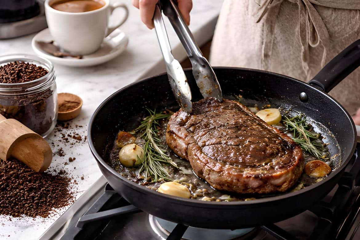 Pečenje sočnog odreska u tavi s ružmarinom i češnjakom, uz vidljiva zrna kave koja sugeriraju marinadu od kave.