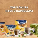 Prikaz top 5 okusa kave u kapsulama s pakiranjima Borbone Irish Coffee, Nocciolino, i Pistaccino, uz šalice pripremljene kave i dekorativne elemente poput keksa i lješnjaka na drvenom stolu.